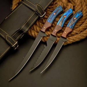 Ensemble de couteaux à filet faits main sur mesure en acier carbone, écologiques, compatibles lave-vaisselle, ambidextres, modernes, avec manche en bois forgé - Product Image 1