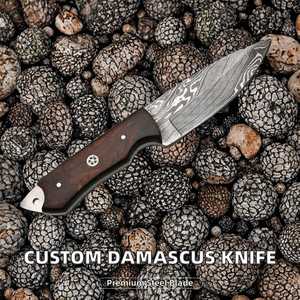 Couteau de chasse Skinner en acier Damas de haute qualité, personnalisable OEM/ODM, fait main, manche en bois, étui en cuir, lame à pointe tombante de 8 pouces - Product Image 2