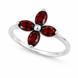 Trendy <b>Garnet</b> Flower Cut Prong-Set Sterling <b>Silver</b> Rhodium Plated <b>Ring</b> for Women's Wedding-Rhaya Jewels - Product Image 1