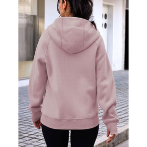 Sweat-shirt à capuche zippé pour femme, couleur unie, manches longues, en coton tricoté respirant, coupe classique, sans doublure, pour l'automne - Product Image 6