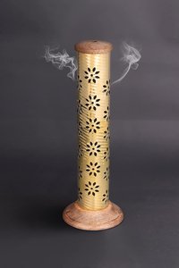 Handcrafted Wood Brass Incense Tower Burner Floral Cutout Agarbatti Ash Catcher Stand Zen Meditation Tabletop Home Decor - Product Image 2