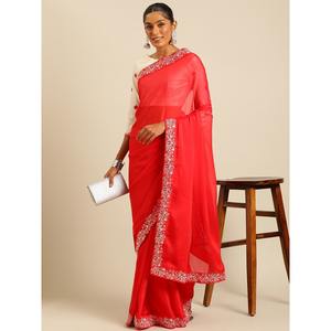 LATEST RANGOLI SILK EMBROIDERY SEQUENCE WORK <b>SAREE</b> WITH UNSTITCHED BLOUSE <b>RED</b> - Product Image 1