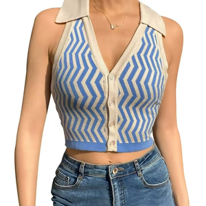 Top corto sin mangas con cuello de punto a rayas vintage, estilo halter, moderno, tipo chaleco, talla personalizada - Product Image 2