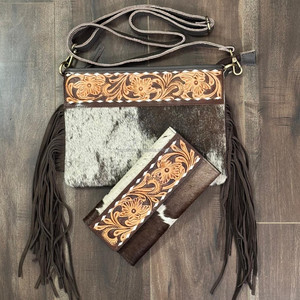 Venta al por mayor de las mujeres de gran capacidad de mano de cuero flecos bandolera monedero con mano de cuero de vaca triple cartera conjuntos de 2 piezas - Product Image 4