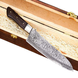 Cuchillo de Chef con Patrón Damasco Plateado y Mango de Madera Marrón Oscuro, Cuchillo de Cocina Afilado con Caja de Regalo de Madera para Carne - Product Image 5