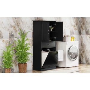 Mobiletto Nero per Bagno con Due Cesti Portabiancheria e Cassetti Organizzatori con Ante - Product Image 4