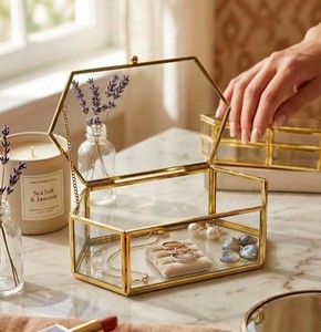 Exclusive EXOTIC INDIAN ART Gold Metal <b>Glass</b> Decorative Organizer Premium Jewelry Storage <b>Box</b> Transparent <b>Trinket</b> Display Case - Product Image 1