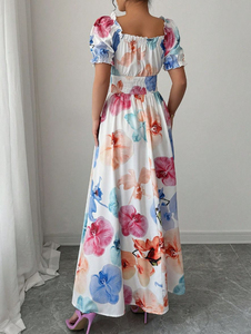 Women's Casual Floral Puff Sleeve Maxi Dress with Natural Waist and Eco-Friendly Material - Product Image 1