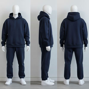 Ensemble de survêtement en molleton uni bleu marine pour homme, sweat à capuche et pantalon de jogging à revers, tenue décontractée pour sports d'hiver - Product Image 3