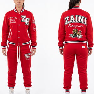 Women Varsity Tracksuit 320 GSM Premium Cotton Polyester Fleece Red Ribbed Custom <b>Embroidery</b> Chenille Print Logo <b>Set</b> - Product Image 1