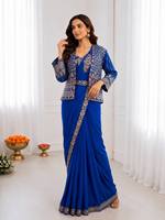 Ensemble de sari indien pakistanais imprimé bleu avec blouse brodée et veste pour femme, robe de fête et de mariage