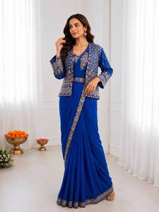 Blue Printed Indian Pakistani Saree Set Embroidered Blouse <b>Jacket</b> <b>Women</b> Party <b>Wedding</b> Dress - Product Image 2