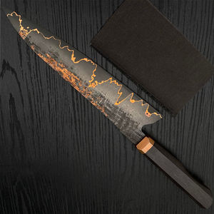 Cuchillo de carnicero de cobre damasco de primera calidad con hoja larga y elegante y mango de madera para cortar y servir asados. - Product Image 6