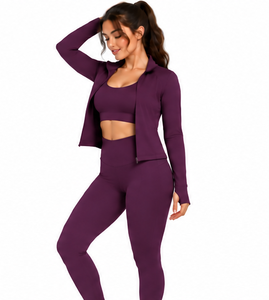 Custom Logo 3 Piece Women Yoga Set Wholesale Fitness Gym Leggings Crop Top <b>Jacket</b> Moisture Wicking Stretch Sportswear <b>Workout</b> - Product Image 2