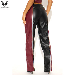 Pantalon en cuir bicolore bordeaux et noir tendance, pantalon taille haute pour femme avec fermeture éclair et empiècements rayés en similicuir PU, tenue de club sexy - Product Image 2