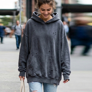 <b>Drop</b> Shoulder Distress Hoodie Women's Winter Printed Wash Distress Hood Ladies Loose Fit Distress Hoodie Tops Women - Product Image 2