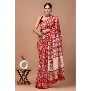 Hand <b>Block</b> Print Chandri Silk Saree Square <b>Shaped</b> Traditional Indian Wedding Dress Spring Summer - Product Image 1