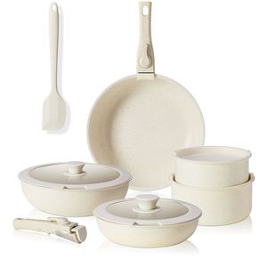 Set di pentole antiaderenti Beige da 12 pezzi compatibile a induzione lavabile in forno con manico staccabile pentole e padelle da cucina - Product Image 1