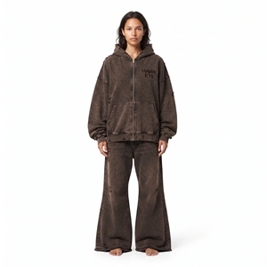 Women's Acid Wash Distressed Oversized Drop Shoulder <b>Full</b> <b>Zip</b> <b>Hoodie</b> And Wide Leg Jogger Cotton Fleece Tracksuit - Product Image 1