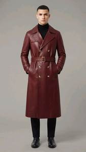 Men Genuine <b>Leather</b> Long <b>Trench</b> <b>Coat</b> Notched Lapel Double Breasted With Belt Regular Fit - Product Image 3