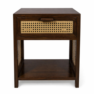 Teak Scandinavian Elegant Contemporary Bestseller Liem Square Bedside <b>Table</b> Rattan Drawer Shelves <b>Walnut</b> Finish Hotel Bedroom - Product Image 1
