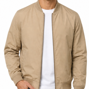 Blouson Bomber Premium Homme Kaki Beige Uni avec Bordure Côtelée, Fermeture Éclair Intégrale, Décontracté, Léger, Coupe Ajustée - Product Image 2