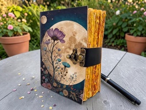 Buffalo Leather Celestial Moon <b>Journal</b> Flower Vintage Grimoire Notebook Sewing Bound Handmade Deckle Paper <b>Diary</b> Multi Color - Product Image 1