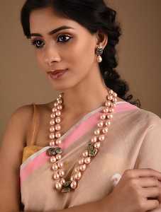 Women's Antique Gold Plated Brass Pearl Kundan <b>Necklace</b> Set | Layered Pearl Jewelry <b>Ruby</b> Stone Accents Indian Wedding <b>Necklace</b> - Product Image 3