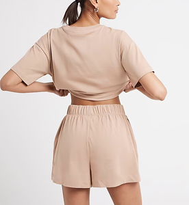 Ensemble deux pièces pour femme 100% coton, t-shirt à manches courtes et short, en dentelle, au-dessus du genou, décontracté, respirant, pour l'été - Product Image 3