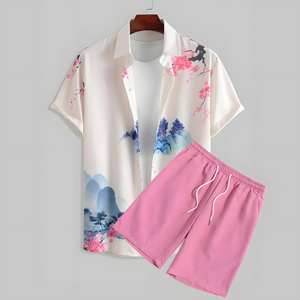 ชุดเสื้อผ้าผู้ชายผ้าฝ้าย 2 ชิ้น ขายส่ง ลายพิมพ์เรโทร ชุดลำลองฤดูร้อน เสื้อผ้าสตรีทแวร์แบบซักล้างได้ เสื้อเชิ้ต กางเกงขาสั้น สำหรับฤดูใบไม้ร่วง - Product Image 4