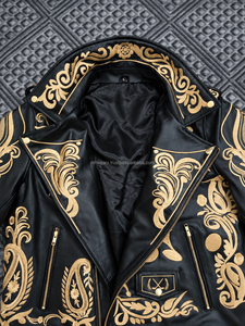 Chaqueta de Motociclista para Hombre MH, Negra, de PU Transpirable, de Secado Rápido, con Bordado Dorado, Diseño Paisley, Cierre de Cremallera, Cuello Redondo, Estilo Biker - Product Image 5