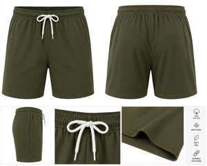 Shorts décontractés pour hommes en nylon/acrylique tricoté vert olive de haute qualité avec cordon de serrage, logo frontal, taille haute, couleur unie, respirants - Product Image 5