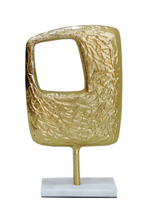 ประติมากรรมนามธรรมอะลูมิเนียมสีทองร่วมสมัยบนฐานหินอ่อนสีขาว – ของตกแต่งโต๊ะทรงเรขาคณิตแบบมีพื้นผิวสำหรับบ้านและสำนักงานสมัยใหม่ - Product Image 3