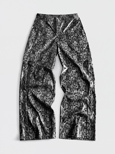 Snake Print <b>Leather</b> <b>Trousers</b> Lambskin Embossed Pattern Wide Leg Baggy Cut Side Pockets Glossy Grey and Burgundy - Product Image 1