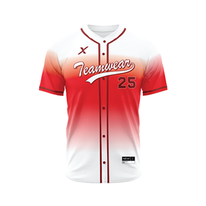 เสื้อเบสบอลทีมแบบกำหนดเอง ยูนิเซ็กซ์ สีแดงไล่ระดับขาว ติดกระดุม ผ้ายืดสแปนเด็กซ์/โพลีเอสเตอร์ พิมพ์ลายแบบซับลิเมชั่น รับผลิตแบบ OEM/ODM ชุดกีฬา - Product Image 3