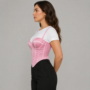 Overbust Steelboned Fashion And Party Wear Pink Satin Corset Top Shoulder Straps - Product Image 2