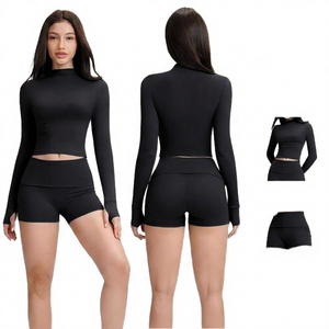 Solid Blue Yoga Set Crew Neck <b>Lace</b> Breathable <b>Elastic</b> Waist Crop High Waist Shorts 2 Piece Activewear Women's Fitness - Product Image 5