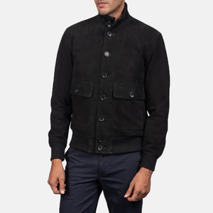 Chaqueta Bomber de Motocicleta Ligera, Informal y Transpirable, de Poliéster/Algodón Tejido Sólido Negro, con Cuello Alto y Cremallera, Manga Larga - Product Image 1