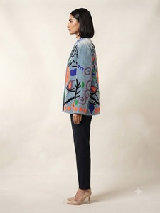Chaqueta de Terciopelo Azul para Mujer, Estilo Suzani, Bordado Floral Multicolor Hecho a Mano, Abrigo Étnico Bohemio, Ropa Exterior de Boutique al por Mayor - Product Image 3