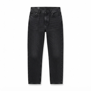 Jean en denim de coton pour homme, coupe droite, taille haute, coupe slim, délavé foncé, style décontracté automne - Product Image 1