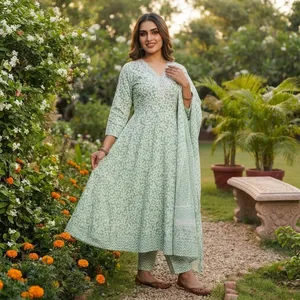 Women Green Floral Printed Anarkali <b>Kurta</b> Set V Neck Flared <b>Dress</b> With Dupatta Traditional Ethnic Festive Wear - Product Image 2
