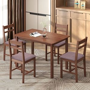 5-Piece Light <b>Brown</b> Farmhouse Dining Room Set Solid Wood 4-Seater <b>Table</b> with Upholstered Chairs - Product Image 2