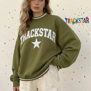 Sweat-shirt oversize à col montant bleu marine pour femme, broderie Trackstar, rayures fines blanches, pull épais - Product Image 4