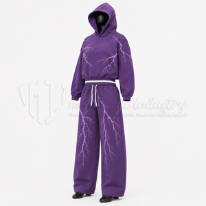 Conjunto de Sudadera con Capucha y Pantalones Deportivos para Mujer, Personalizado con Estampado de Rayos Púrpura, Sudadera Holgada, Pantalones Deportivos de Pierna Ancha, Ropa Deportiva Urbana - Product Image 3
