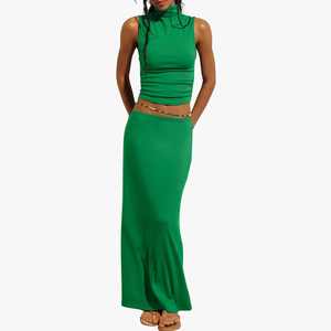 New Arrival Women's Green Two Piece Set Mock Neck Sleeveless Top <b>Full</b> Length <b>Skirt</b> Casual Spring Summer Knitted Modal <b>Maxi</b> <b>Skirt</b> - Product Image 1
