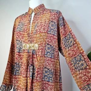 M/L Middy Crepe Silk Dress Recycled Indian Cotton <b>Kaftan</b> Breathable and Comfortable Daywear for <b>Summer</b> Casual Print Style - Product Image 1