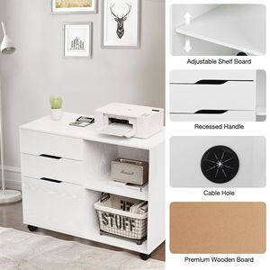 Meuble de rangement roulant à 3 tiroirs avec roulettes, support d'imprimante en bois blanc avec étagères ouvertes pour bureau à domicile - Product Image 4