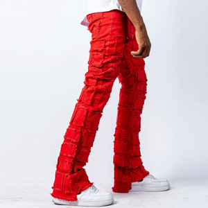 Pantalones de Lona Rojos Desgastados para Hombre, Cintura Elástica, Estilo Urbano, Corte Recto, para Otoño - Product Image 3