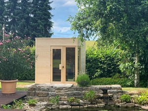 Pod de bien-être extérieur prêt pour l'hiver |   Revêtement en <span class=keywords><strong>bois</strong></span> bicolore, chauffage électrique et toit <span class=keywords><strong>plat</strong></span> |   Conception de jardin/bord de piscine - Product Image 5