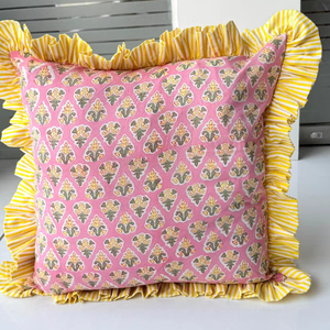 Housse de coussin bohème à imprimé bloc avec volants, coussins décoratifs faits main en coton, housse de coussin bohème vintage pour la décoration intérieure - Product Image 1